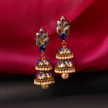 Anika's Creations Traditional Gold Tone Leaf Motif Stone and Pearl 2 Floor Blue Jhumka Earring