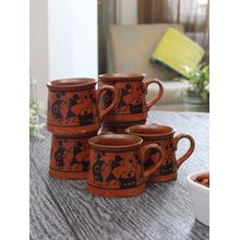 MIAH Decor Warli Hand-painted Ceramic Coffee Mugs Cum Serving Chai Tea Cups Set 6(brick Red)