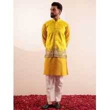 SOJANYA Cotton Blend Yellow Kurta with Pyjama and Nehru Jacket (Set of 3)
