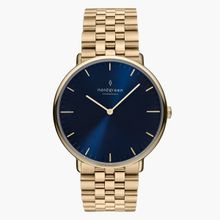Nordgreen Native 36mm Unisex Watch, Gold Sunray Blue Dial with Gold 5 Link watch Strap
