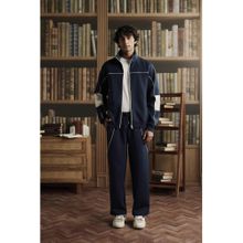 Muvazo Navy Blue Men Scuba Mandarin Neck Jacket