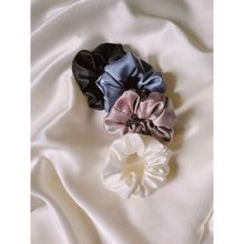 Mueras Solid Satin Scrunchies Ivory White, French Lavender, Magnetic Blue, Black (Pack of 4)