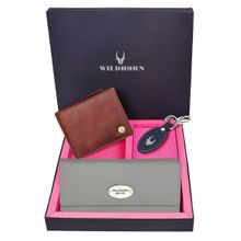 WILDHORN Premium Leather Ladies Wallet, Mens Wallet and Keychain Gift -1K_GR_2052C_K (Set of 3)