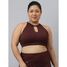 Fitkin Plus Size Halter Neck High Support Chocolate Brown Sports Bra