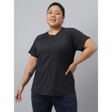 Fitkin Plus Size Black Front Zipper Short Sleeve Training T-Shirt