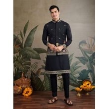 Odette Men Black Cotton Blend Embroidered Stitched Kurta with Jacket (Set of 2)