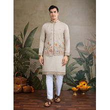 Odette Men Ivory Cotton Blend Embroidered Stitched Kurta with Jacket (Set of 2)