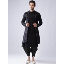 KISAH Men Black Printed Cotton Blend Kurta Jacket Dhoti Set with Tie & Dye Design