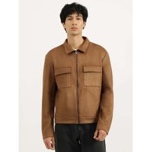 United Colors of Benetton Brown Regular Fit Spread Collar Solid Trucker Jacket