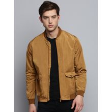 SHOWOFF Men's Mandarin Collar Solid Camel Brown Open Front Jacket