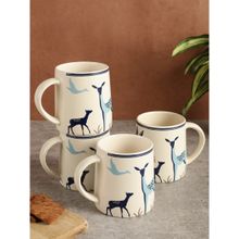 MIAH Decor Cream and Blue Printed Ceramic Matte Mugs (Pack of 4)
