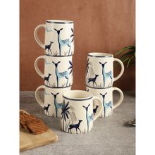 MIAH Decor Cream and Blue Printed Ceramic Matte Mugs (Pack of 6)