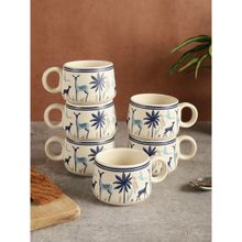 MIAH Decor HandCrafted Blue and Cream Ceramic Coffee Mugs Cum Serving Chai Tea Cups (Pack of 6)