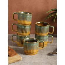 MIAH Decor Green and Yellow Textured Ceramic Glossy Cups (Pack of 6)