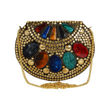 Anekaant Jewel Mosaic Design Metal Work Party Clutch Bag Gold and Multi