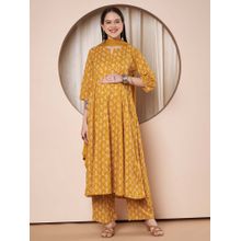 Secret Wish Women Mustard Floral Cotton Maternity Kurta with Pant and Dupatta