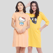 Clovia Pack of 2 Cotton Hello Kitty Text and Graphic Print Short Nightdress - Multi-Colour