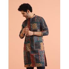 KISAH Men Navy Blue Printed Cotton Blend Kurta with Abstract Print