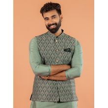 KISAH Men Green Self Designed Cotton Blend Nehru Jacket with Zari Design