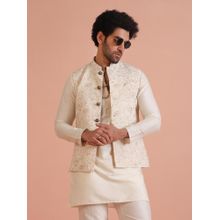 KISAH Men White & Gold Printed Cotton Blend Nehru Jacket with Zari Design