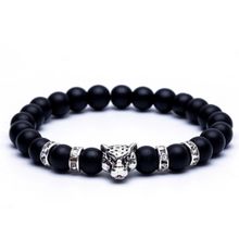 OOMPH Jewellery Black Beads With Silver Panther Leopard Bead Punk Biker Bracelet For Men & Boys
