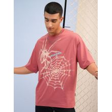 HIGHLANDER Men Pink Puff Printed Crew Neck Half Sleeve Oversized T-Shirt