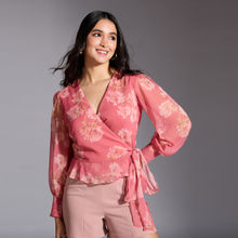 Twenty Dresses by Nykaa Fashion Pink Floral Print V Neck Puff Sleeves Wrap Top