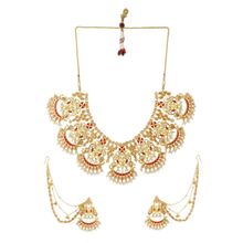 Voylla Apsara Bridal Red Enamelled with Pearl Yellow Gold Jewellery (Set of 2)