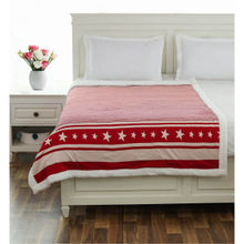 PLUCHI Stripe Star Red and Natural Cotton Knitted Single Bed Blanket layered with Warm Sherpa