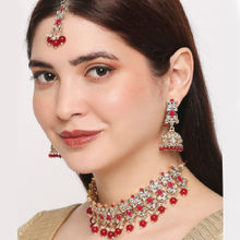 OOMPH Red Marron Beads & Kundan Ethnic Choker Necklace Set