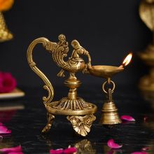 eCraftIndia Golden Peacock Brass Showpiece with Diya Stand with Bell