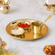 eCraftIndia Golden Brass Pooja Thali with 2 Bowls, 1 Spoon & 1 Glass
