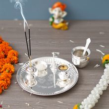 eCraftIndia Silver Pooja Thali with Diya, Ghanti, Kalash, Spoon, Agarbatti Stand, Bowl