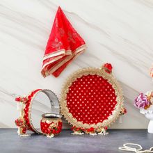 eCraftIndia Red Karwa Chauth Pooja Thali with Plate, Chalni, Lota & Chunri