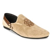 REGAL Beige Men Solid Velvet Embroidered Ethnic Slip Ons