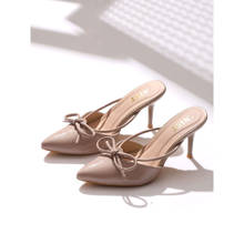GNIST Pointed Bow Nude Stiletto Mules Heels