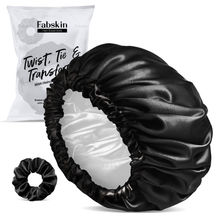 Fabskin Luxury Satin Silk Hair Bonnet Cap For Sleeping With Satin Scrunchie - Black