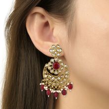 I Jewels Gold Plated Traditional Kundan Pearl Chandbali Earrings Maroon