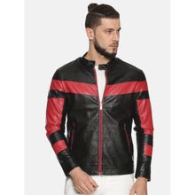 SHOWOFF Red Casual Slim Colorblock Leather Jacket
