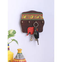 VarEesha Red Elephant Wooden Madhubani Key Holder with Four Hooks