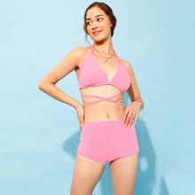 Clovia Padded Halter Neck Bikini Top & High Waist Bikini Bottoms In Baby Pink
