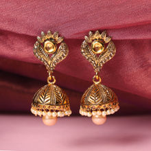 Anika's Creations Ethnic And Traditional Look Gold Tone Golden Stone and Pearl Drop Jhumka Earring