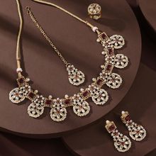 Zaveri Pearls Pink Kundan & AD Necklace Earrings Maangtikka & Ring Set