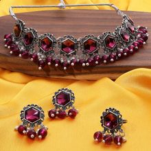 Zaveri Pearls Purple Stones Beads Oxidized Choker Necklace Earrings Ring Set