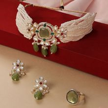 Zaveri Pearls Green Multistrand Kundan Beads Choker Necklace Earrings Ring