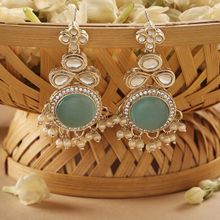 Zaveri Pearls Turquoise Blue Cat Eye Stones & Kundan Ethnic Drop Earrings
