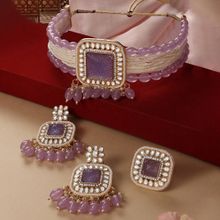 Zaveri Pearls Purple Multistrand Kundan Stones Necklace Earrings & Ring Set