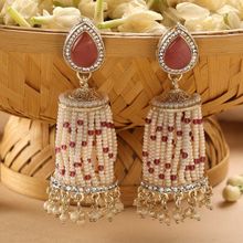Zaveri Pearls Pink Beaded Hanging Traditional Jhumki Earrings