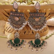 Zaveri Pearls Set of 2 Green & Pink Silver Oxidized Stones Drops Earring