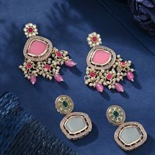 Zaveri Pearls Set of 2 Green & Pink Kundan Stones & AD Drop Earring
